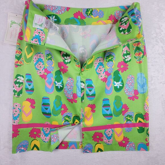 Whimsical Short Skirt Stretch Zip Slit Sz 12 Green Flip Flop Resort Beach Cruise - Picture 4 of 6